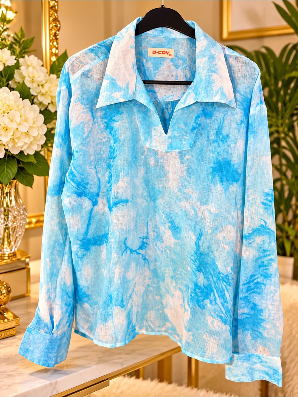 Blue Tie-Dye Collared Button-Down Shirt